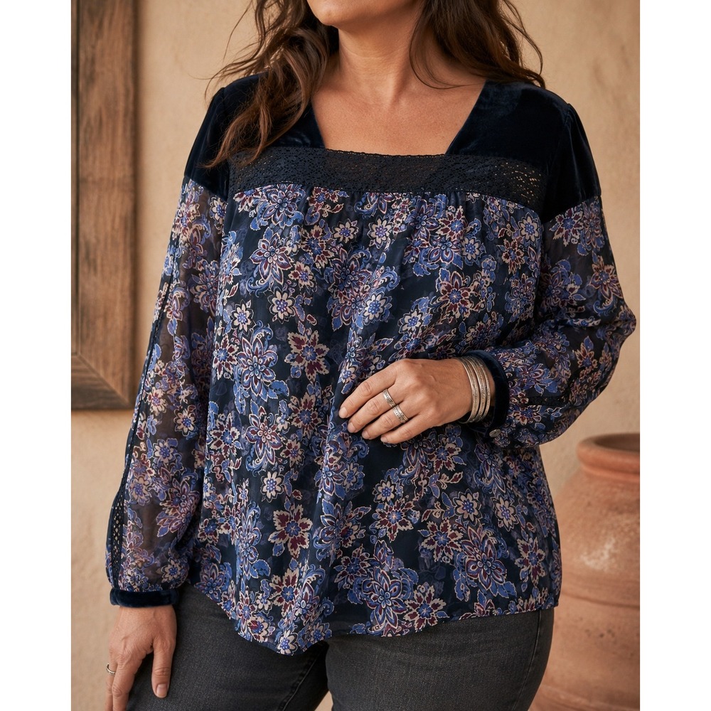 Sundance Whimsy Silk Floral Blouse Velvet Yoke Lace Trim Long Sleeve Navy XL